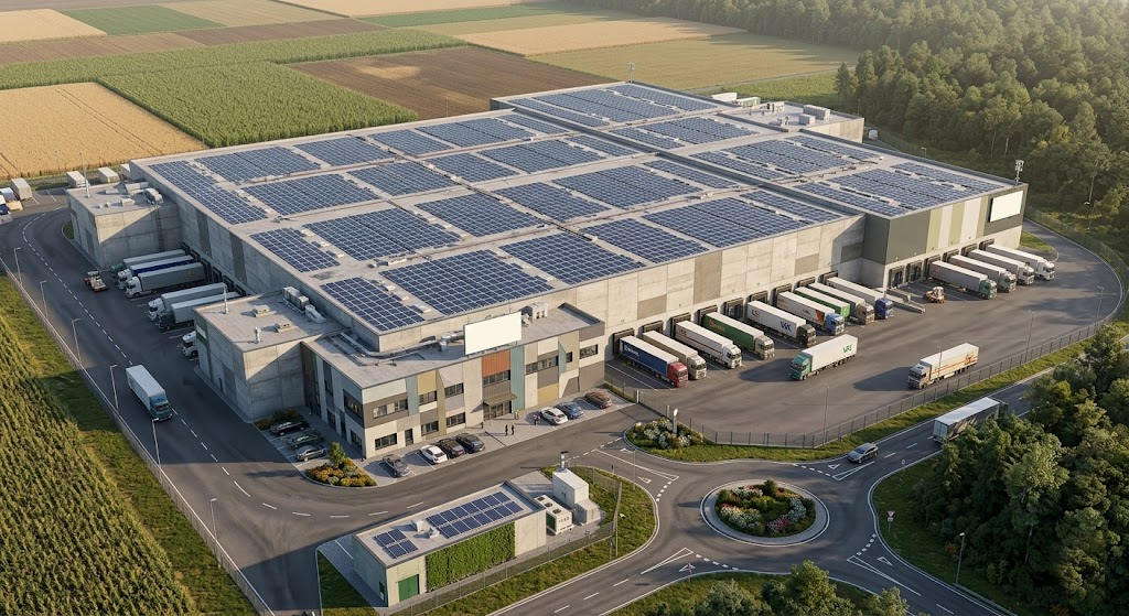 Aerial view of a battery gigafactory with a solar-panelled roof, ringed by farmland