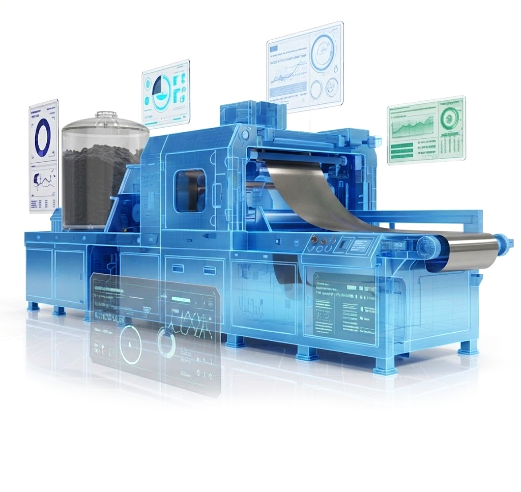 Digital twin of a battery electrode coating line, rendered in blue with simulation dashboards overlaid