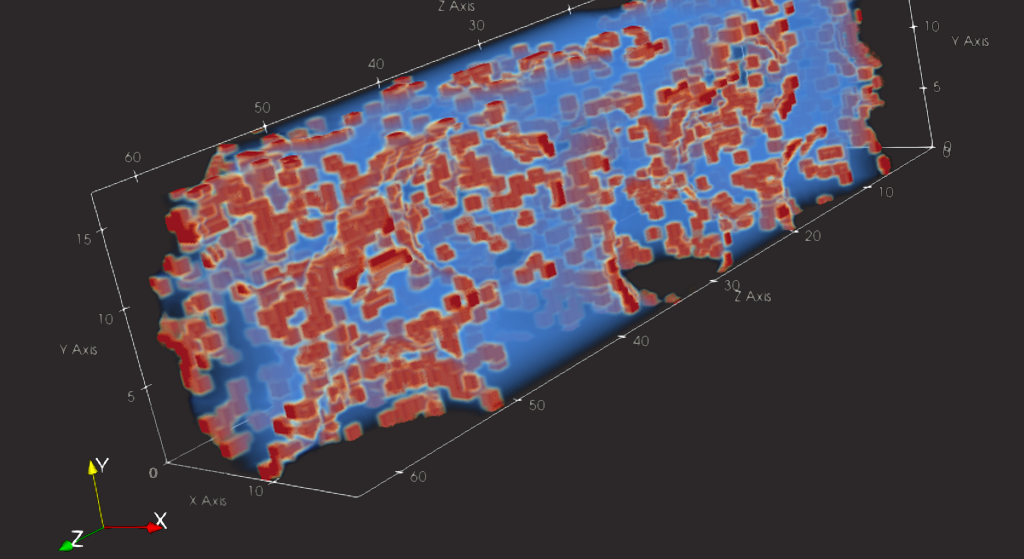3D simulation of a battery electrode microstructure on labelled X, Y and Z axes